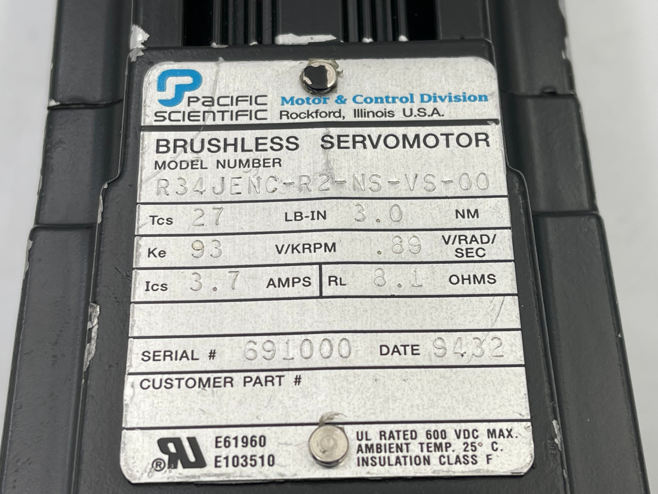 PACIFIC SCIENTIFIC R34JENC-R2-NS-VS-00 2800 RPM 320VDC BRUSHLESS SERVOMOTOR