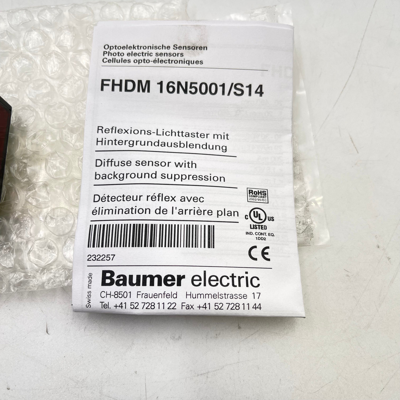 BAUMER FHDM 16N5001/S14 20-450MM RANGE 10-30VDC IP67 PHOTOELECTRIC SENSOR - NEW