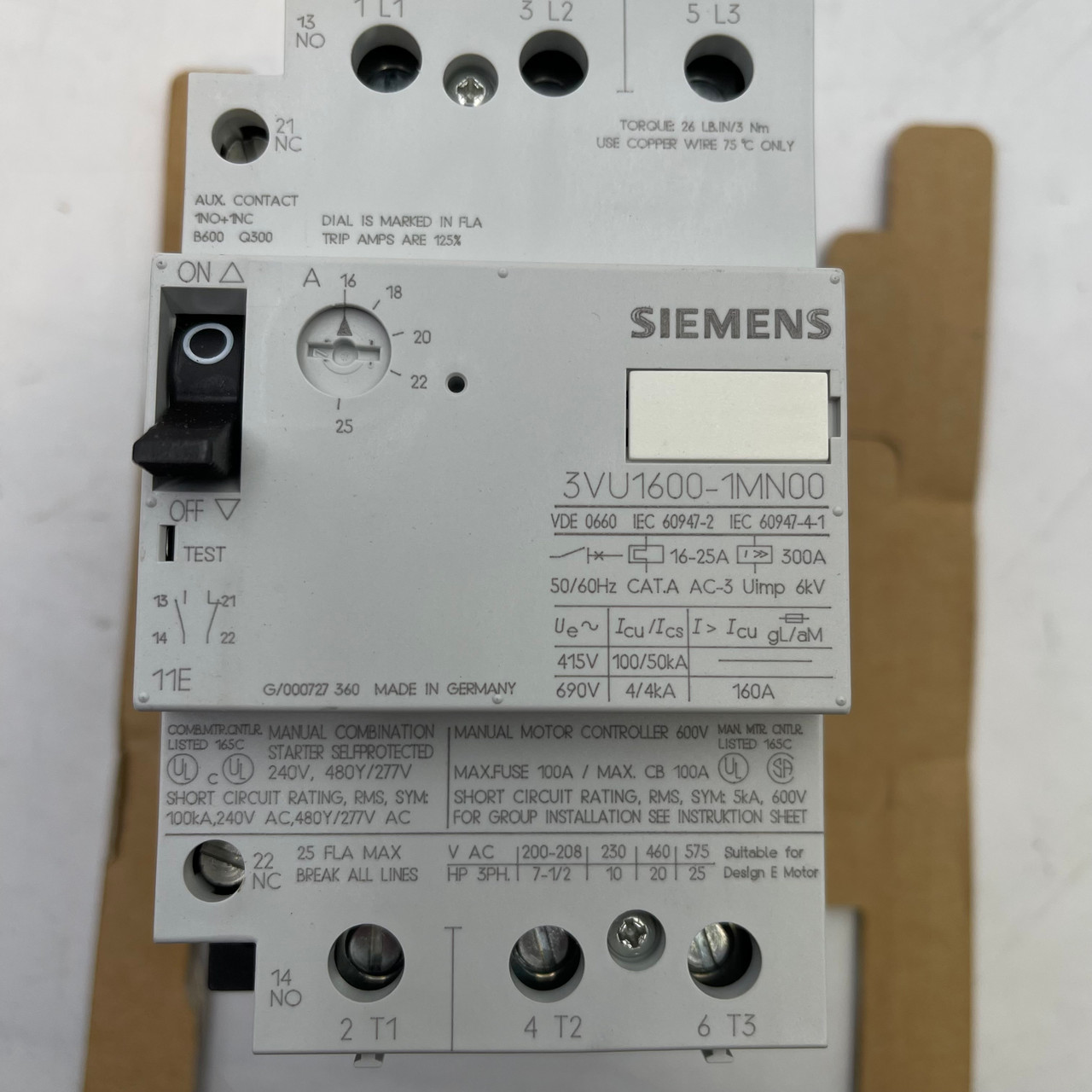 SIEMENS 3VU1600-1MN00 3 POLE 16-25A STARTER MOTOR PROTECTOR - NEW