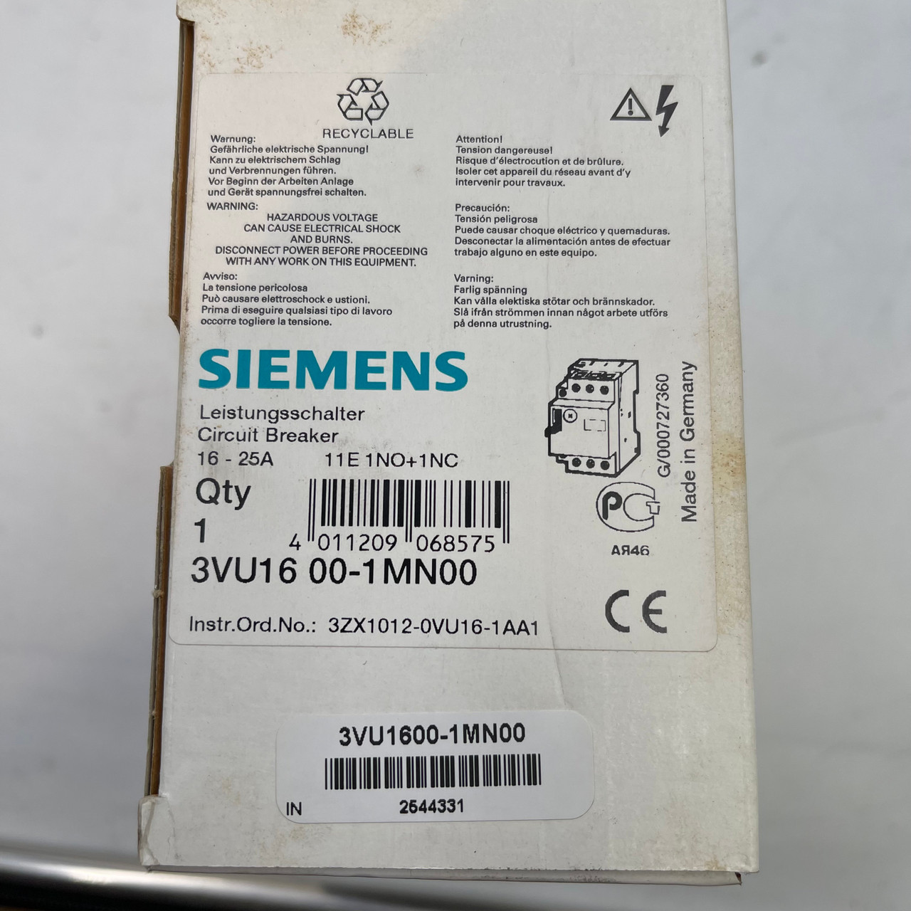 SIEMENS 3VU1600-1MN00 3 POLE 16-25A STARTER MOTOR PROTECTOR - NEW