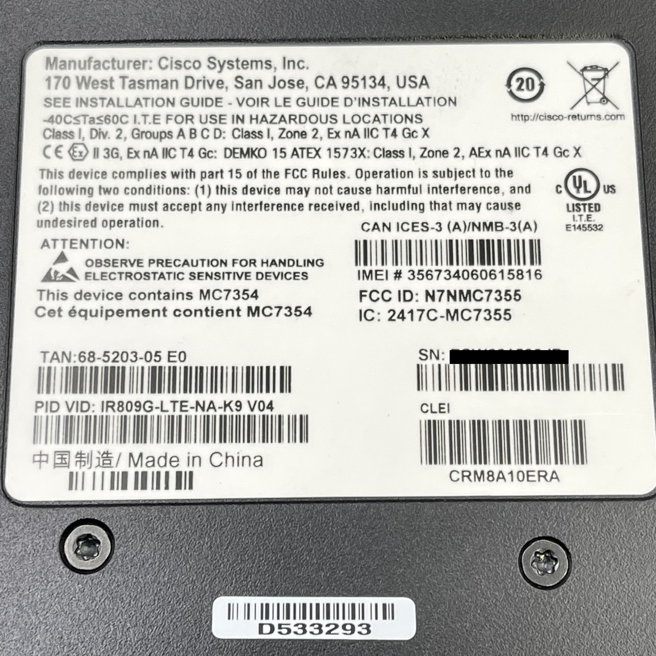 CISCO IR809G-LTE-NA-K9 V04 Industrial 4G LTE Router - North America New Open Box