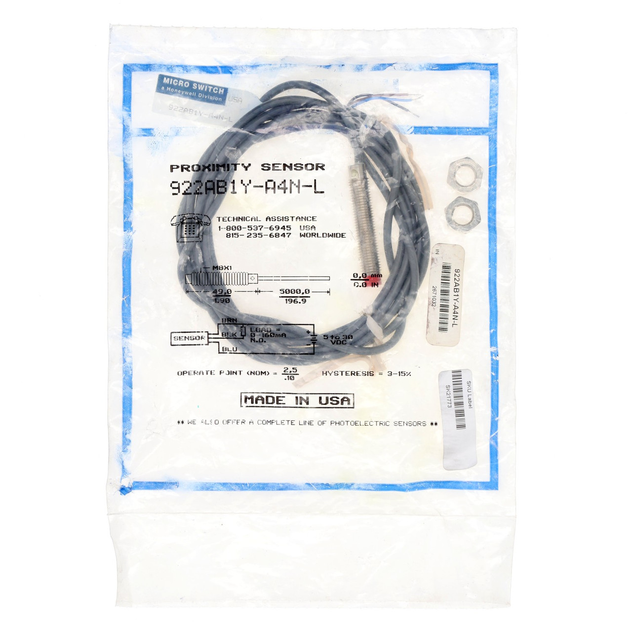 Honeywell 922AB1Y-A4N-L 5-30Vdc 8mm Threaded Barrel Proximity Switch  New