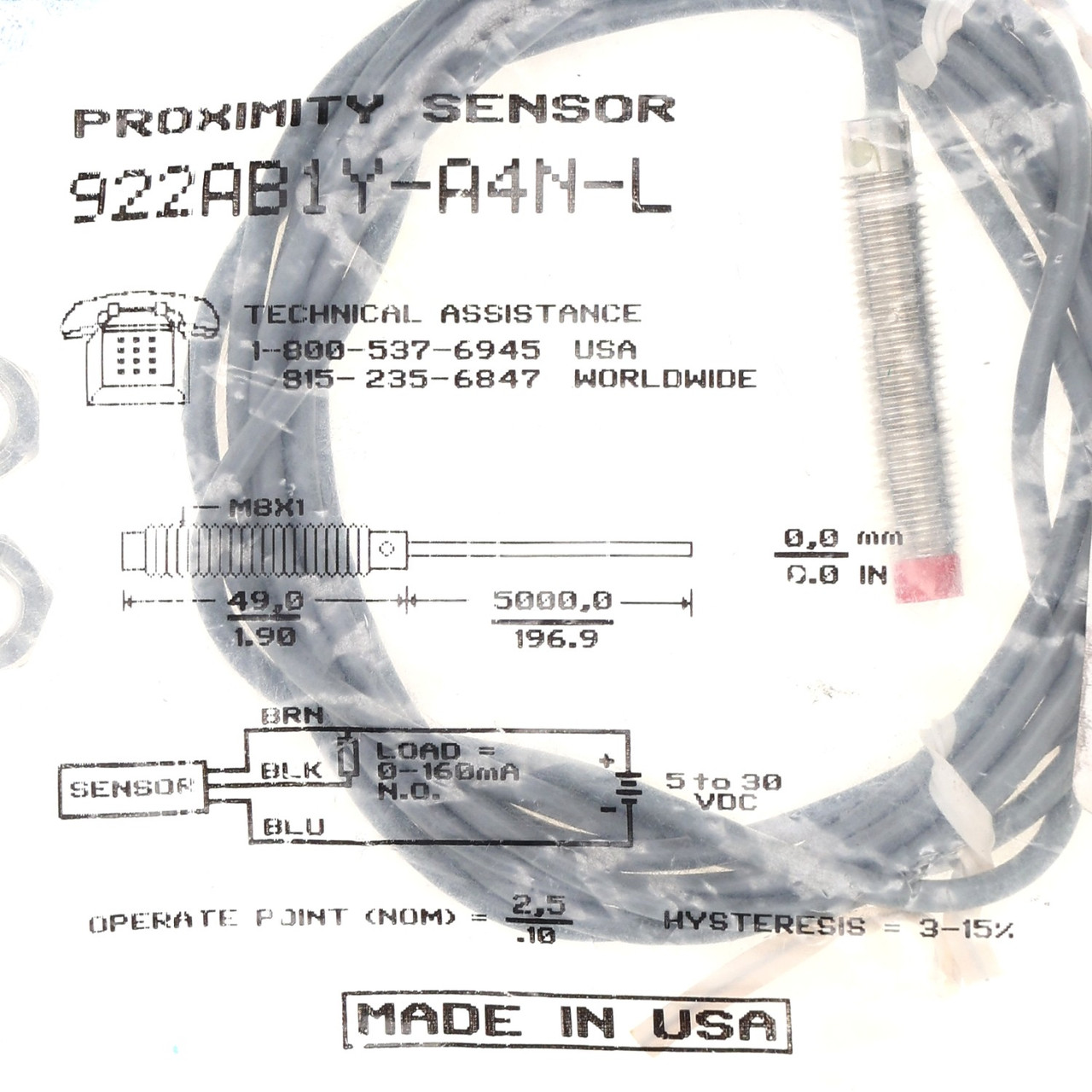 Honeywell 922AB1Y-A4N-L 5-30Vdc 8mm Threaded Barrel Proximity Switch  New