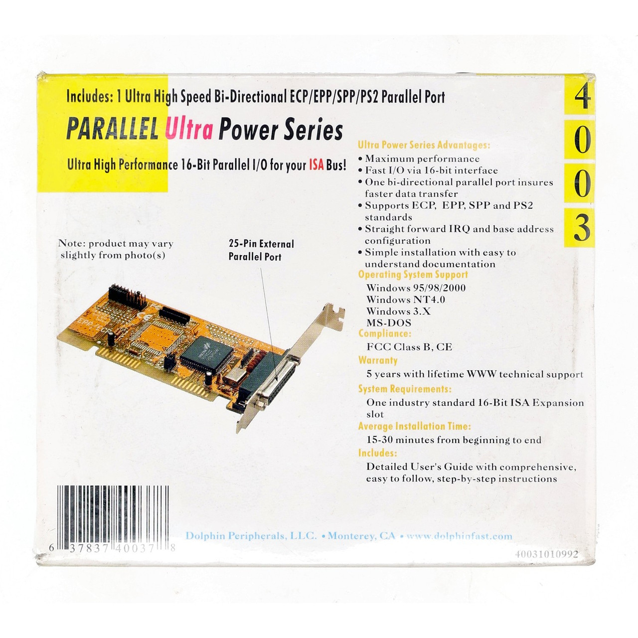 Dolphin FASTISA-4003 1-Port ECP/EPP Parallel ISA I/O Card 32 Byte FIFO New