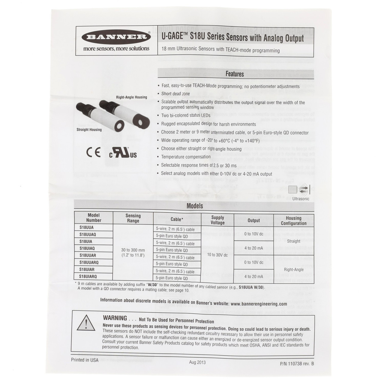 Banner S18UUAQ S18U Series Barrel Ultrasonic Sensor 5 Pin M12 QD Proximity New