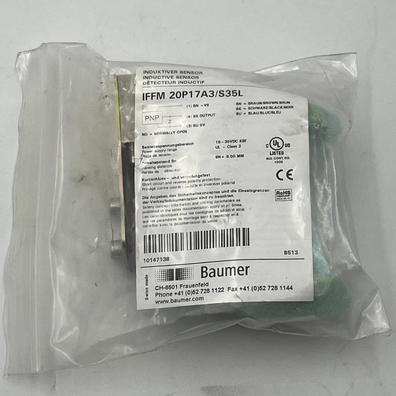 BAUMER IFFM 20P17A3/S35L 10-30VDC 200mA 8mm [Inductive Proximity Switch] - NEW