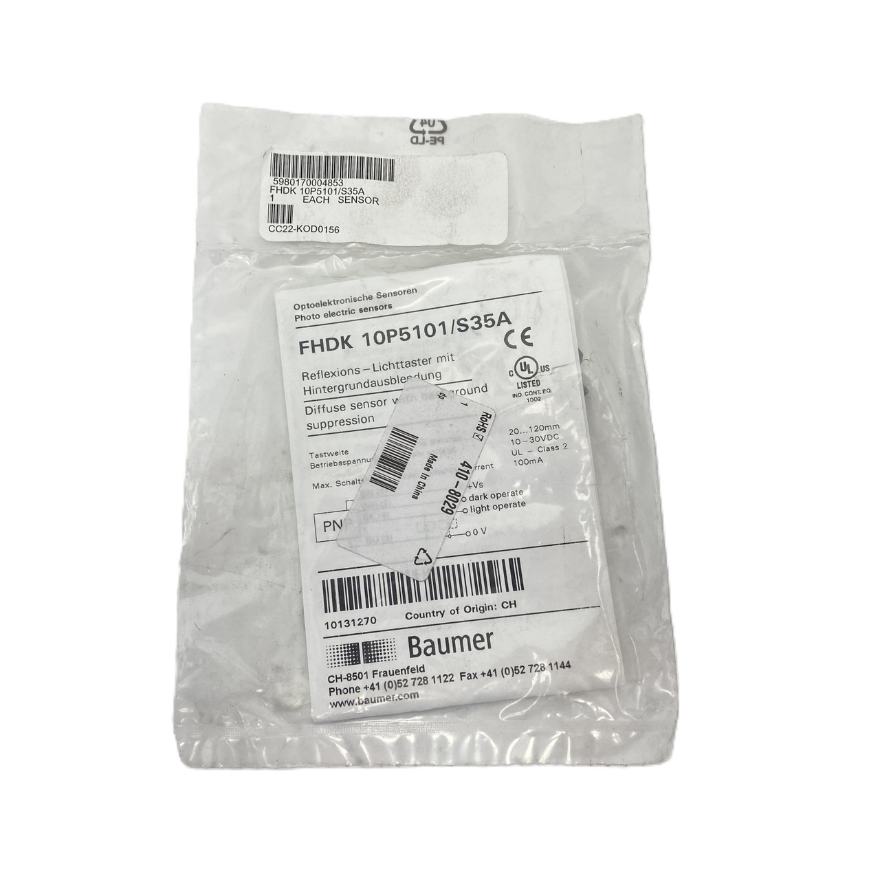 Baumer FHDK 10P5101/S35A  Diffuse Photoelectric Proximity Sensor PNP NEW