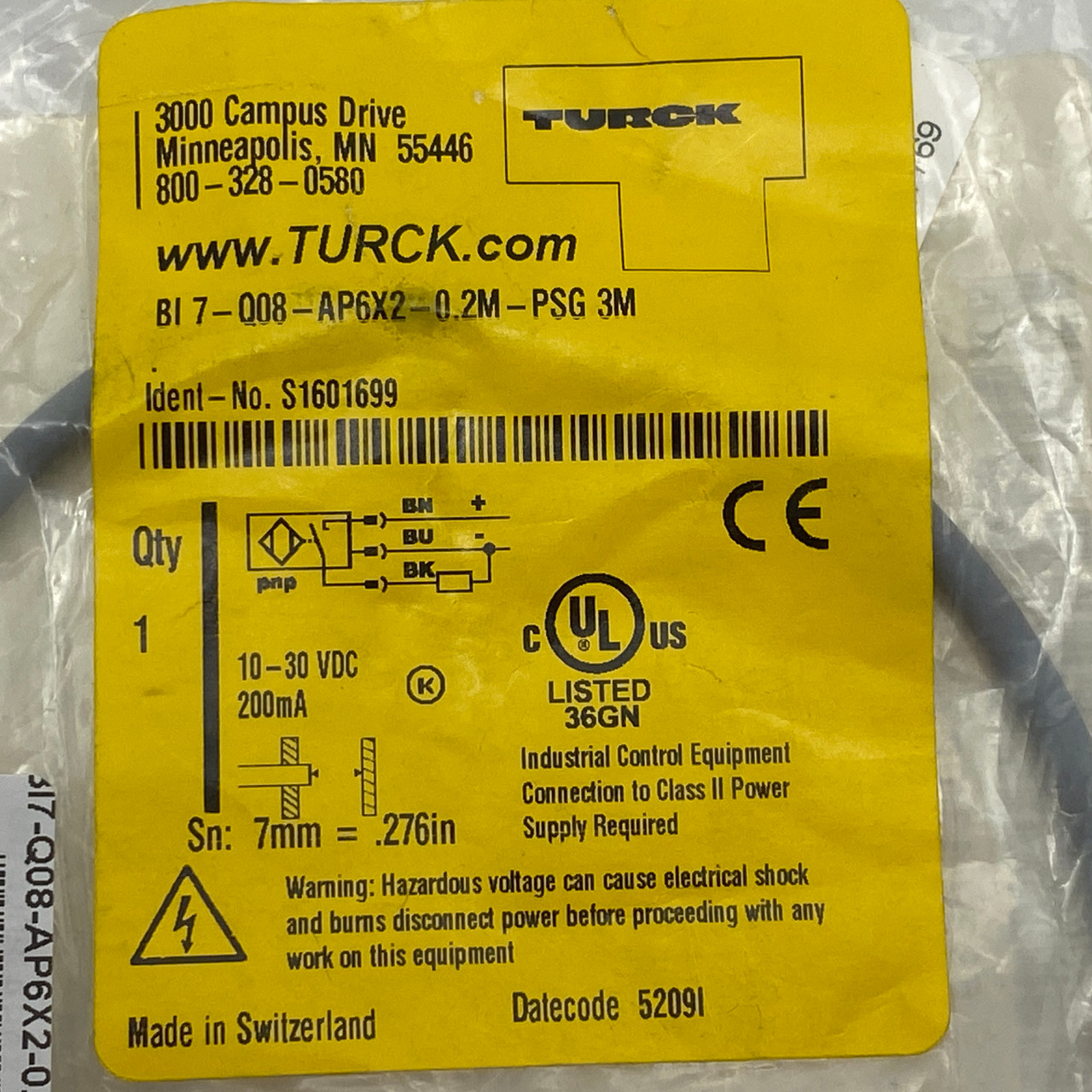 TURCK BI7-Q08-AP6X2-0.2M-PSG 7mm 3 Wire PNP Proximity Photoelectric Sensor - NEW