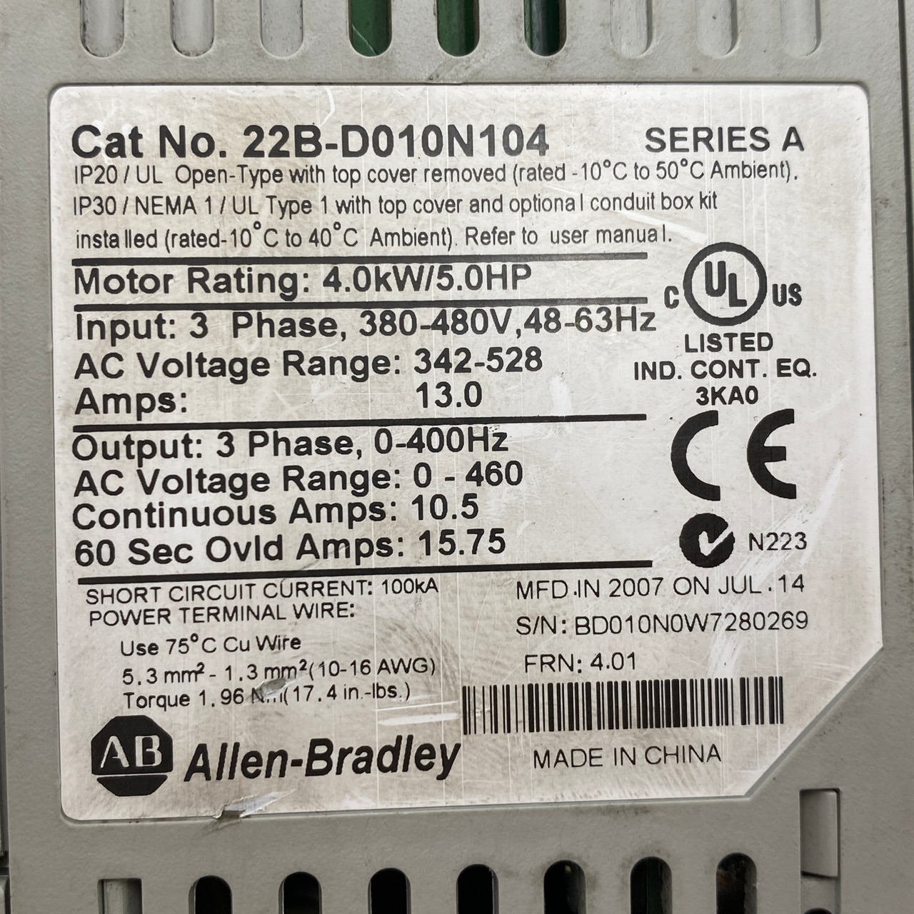 Allen Bradley 22B-D010N104 PowerFlex 40 AC Drive 5HP 480V 3 Phase VFD