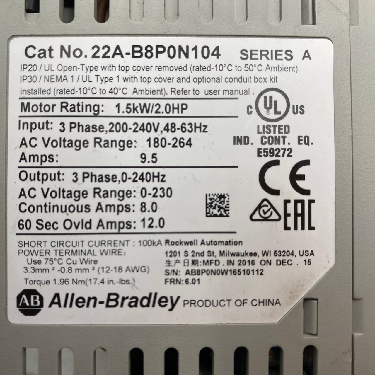Allen Bradley 22A-B8P0N104 PowerFlex 4 AC Drive 2HP 240V 3 Phase 8A VFD