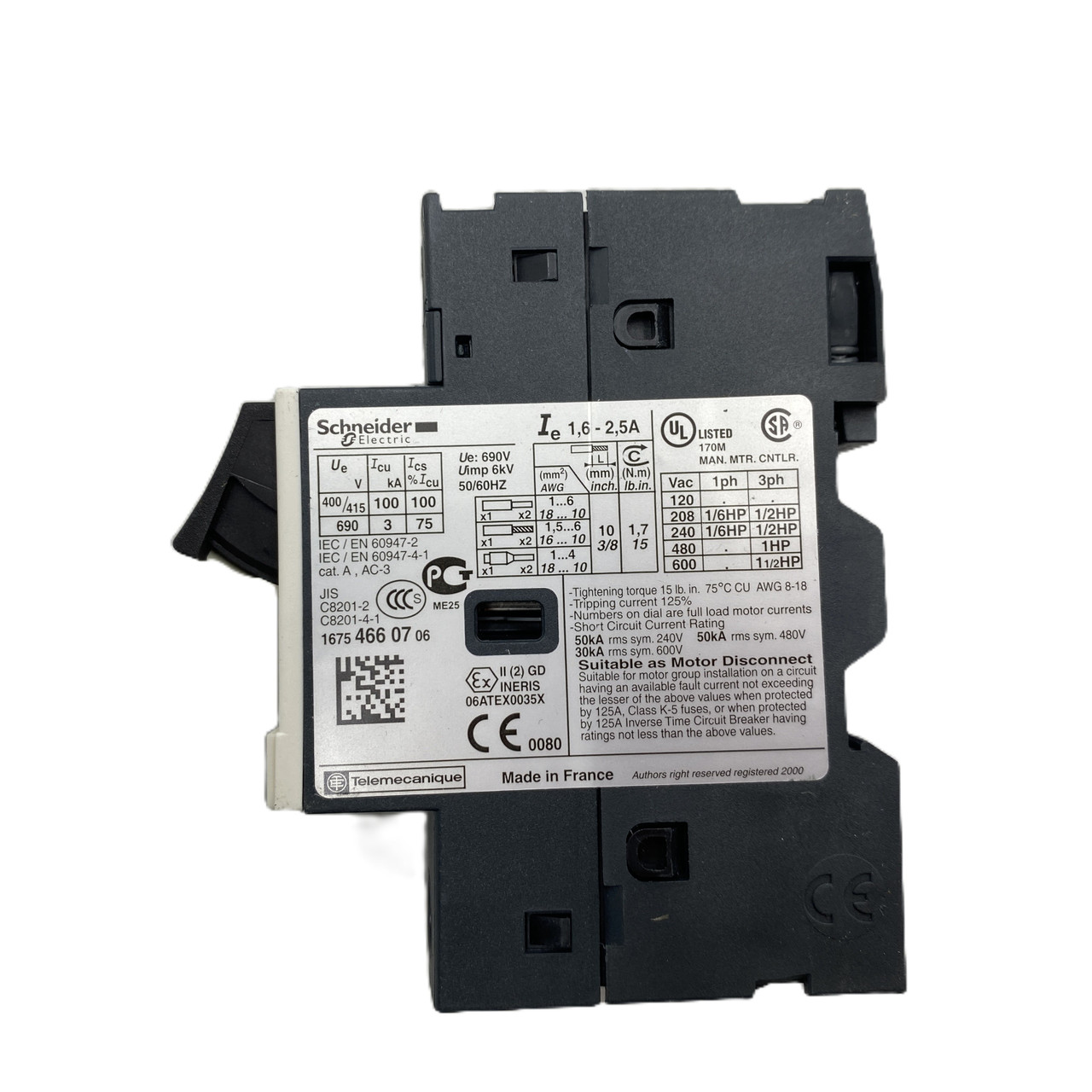 Schneider Electric GV2ME07 Motor Breaker 1.6 to 2.5A 690V UL IEC 60947-4-1 - New