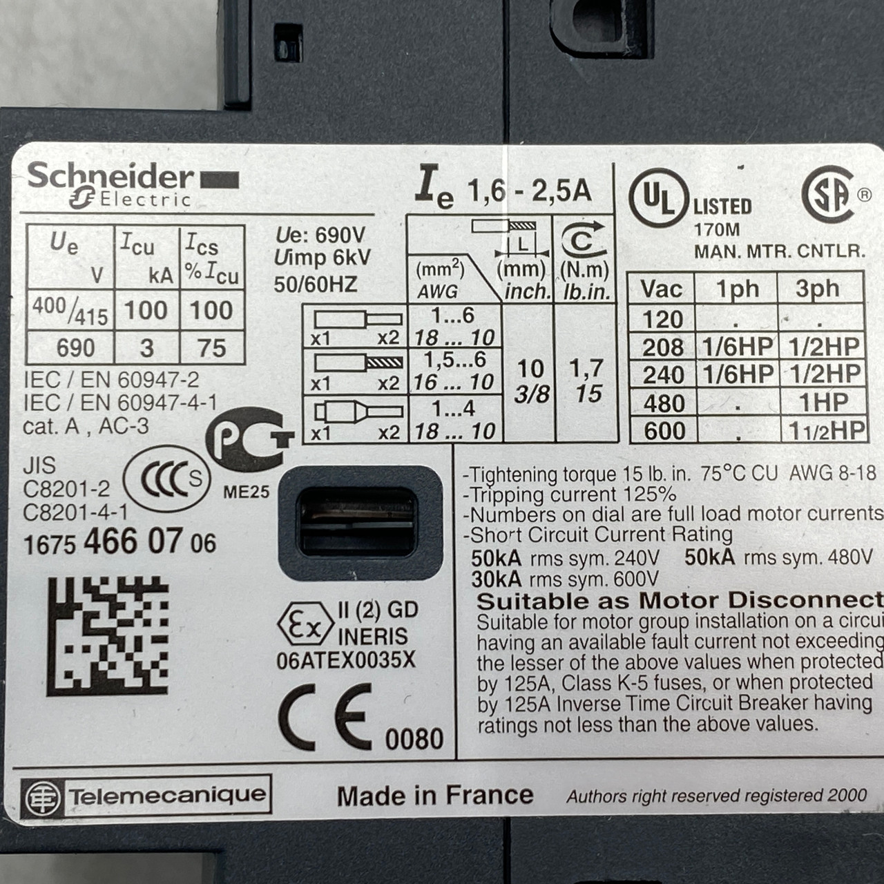 Schneider Electric GV2ME07 Motor Breaker 1.6 to 2.5A 690V UL IEC 60947-4-1 - New