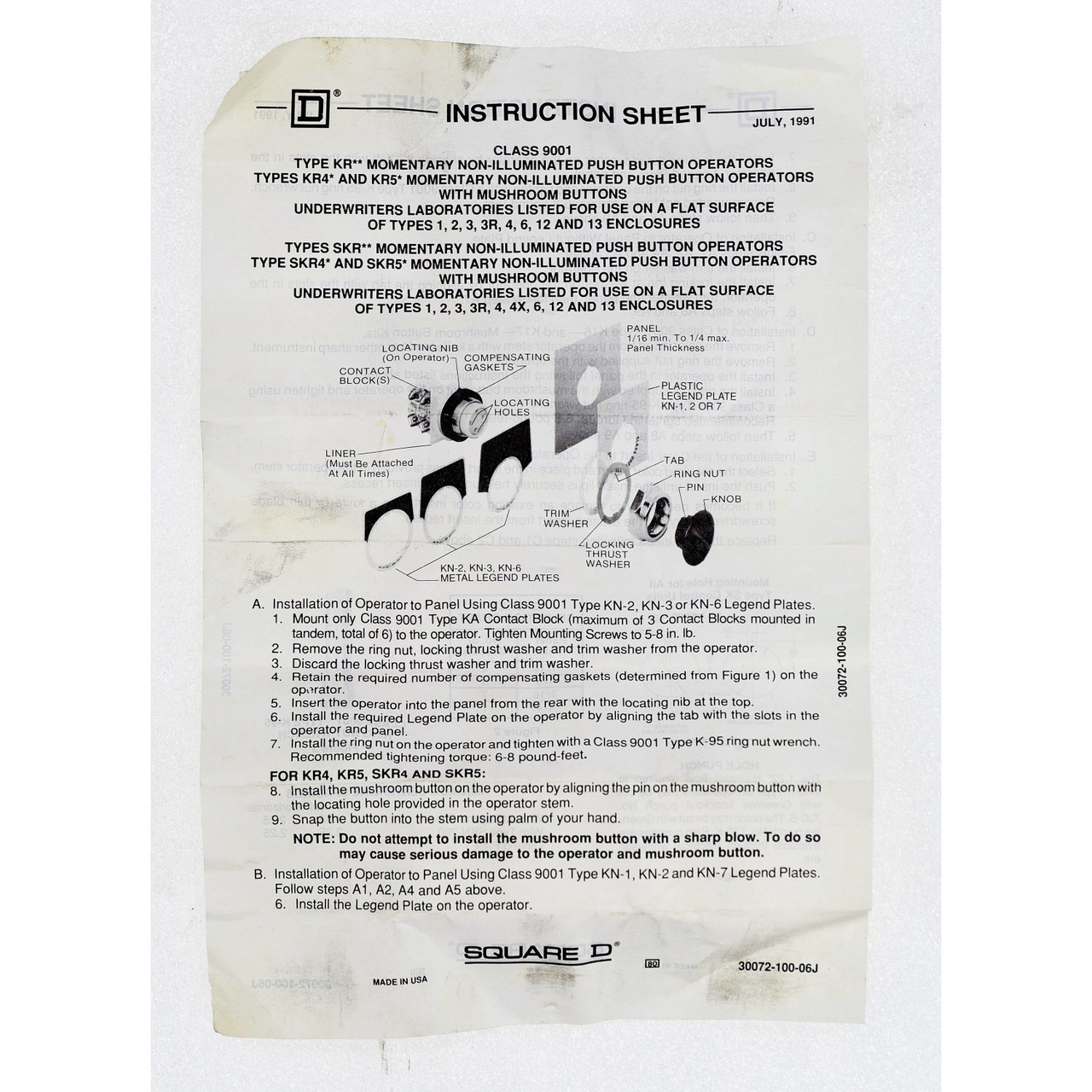 Square D 9001-KR1Y Push Button Yellow Flush 30mm Spring Return No Contacts
