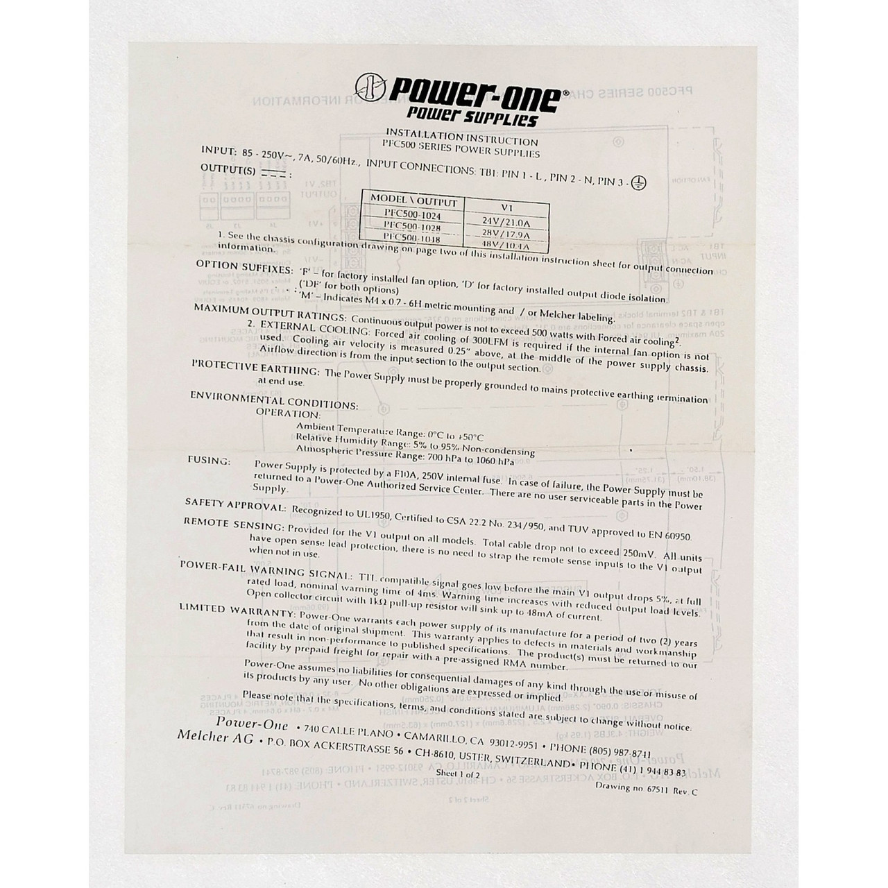 Power One PFC500-1024F 500W 24V 21A Industrial Power Supply - New