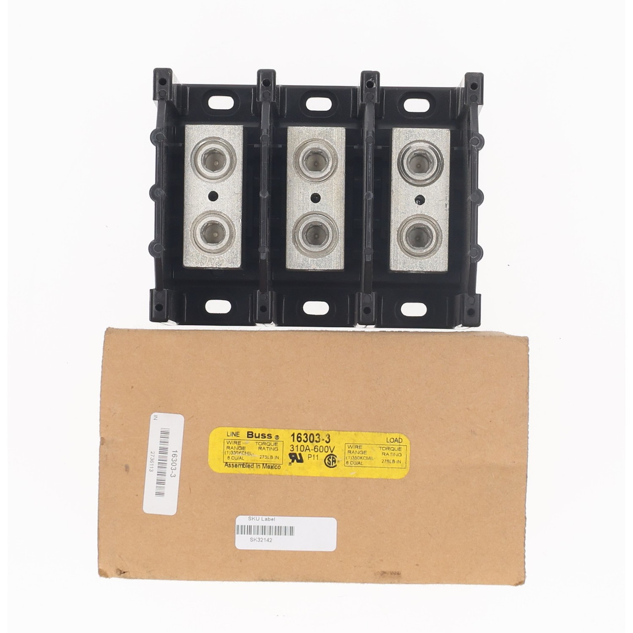 Buss 16303-3 Power Distribution Block 600V 310A 3 Pole Copper Aluminum