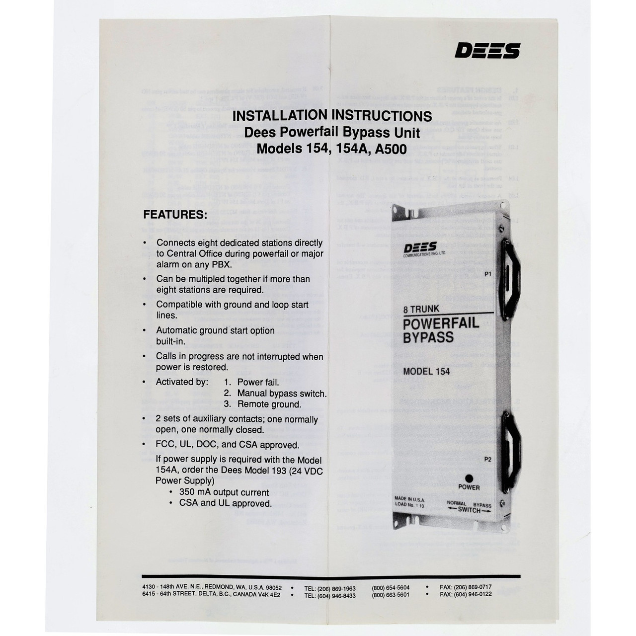 Dees Communications MODEL 154  Powerfail Bypass Unit 48VDC RJ21X FCC Compliant