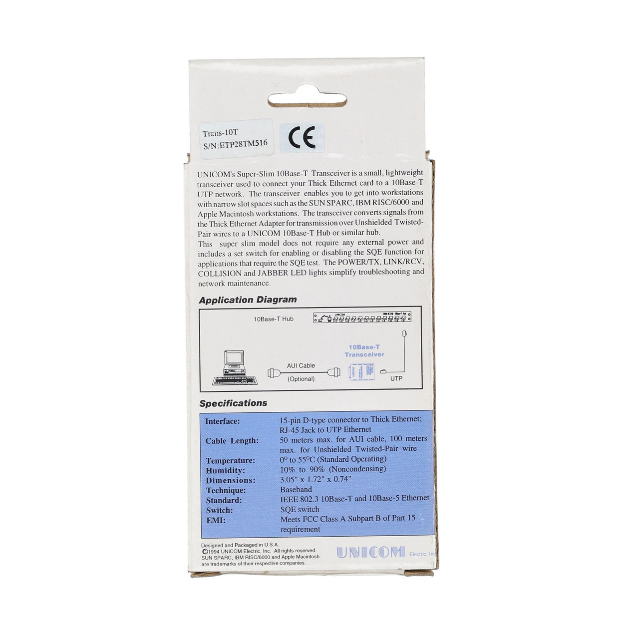 Unicom ETP-20028T-S 10Base T Ethernet AUI Transceiver Adapter for Thick Net