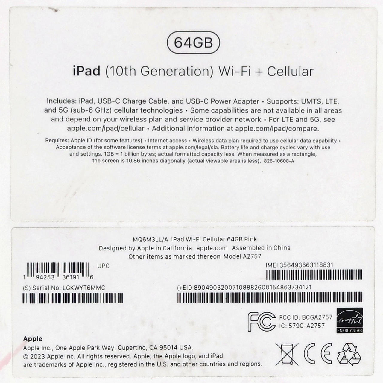 Apple iPad 10th Gen 2022 10.9" A2757 Unlocked 64GB Pink New Sealed