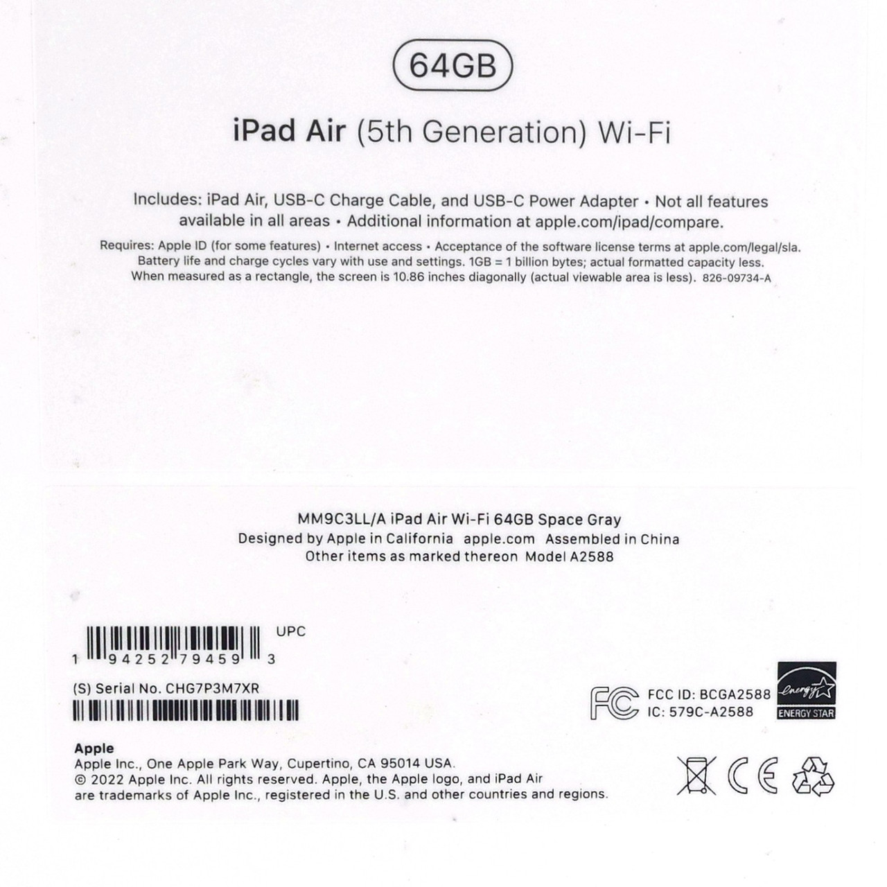 Apple iPad Air 5th Gen 2022 10.9" A2588 Wi-Fi Only 64GB Space Gray New Sealed