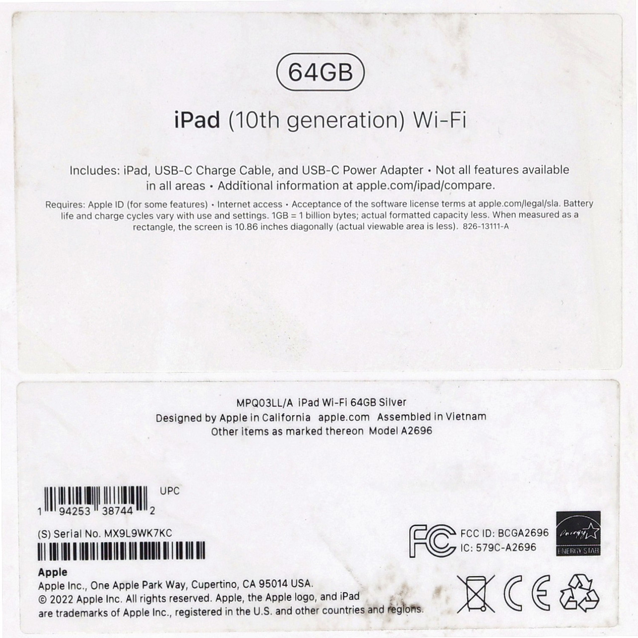 Apple iPad 10th Gen 2022 10.9" A2696 Wi-Fi Only 64GB Silver New Sealed