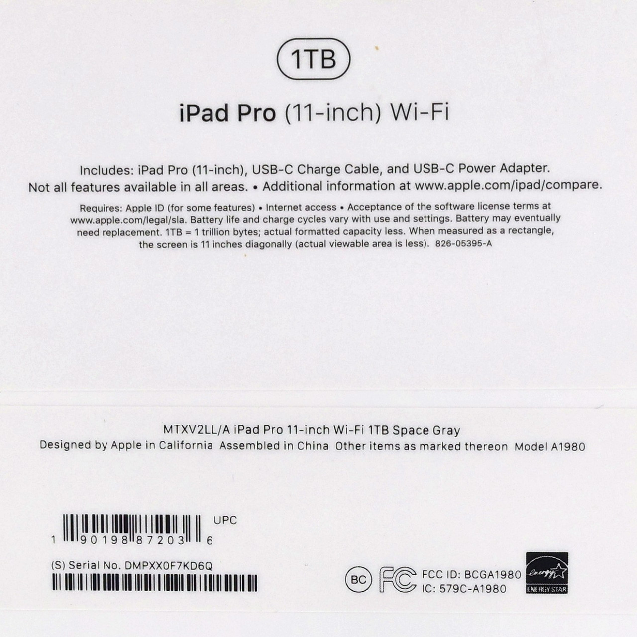 Apple iPad Pro 11" 2018 A1980 Wi-Fi Only 1TB Space Gray New Sealed