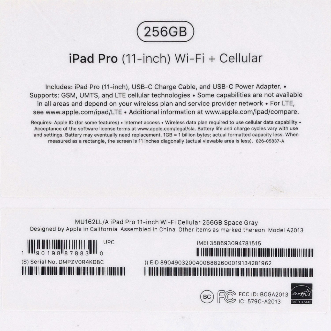 Apple iPad Pro 11" 2018 A2013 Unlocked 256GB Space Gray New Sealed