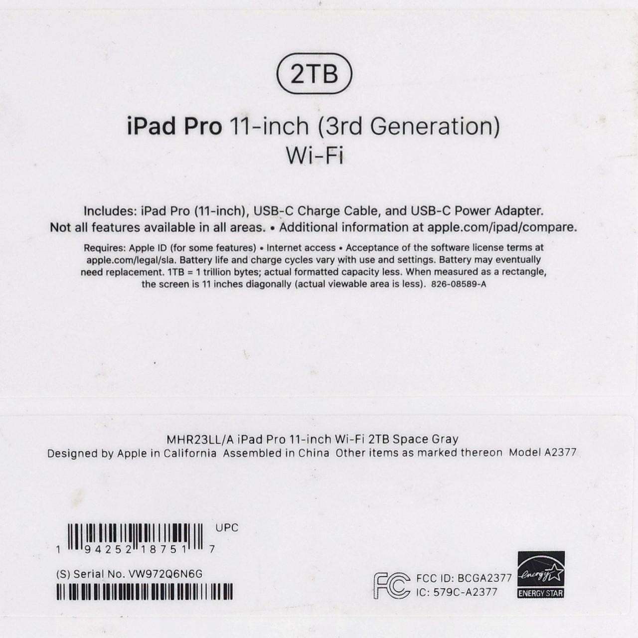 Apple iPad Pro 11" 3rd Gen 2021 A2377 Wi-Fi Only 2TB Space Gray New Sealed