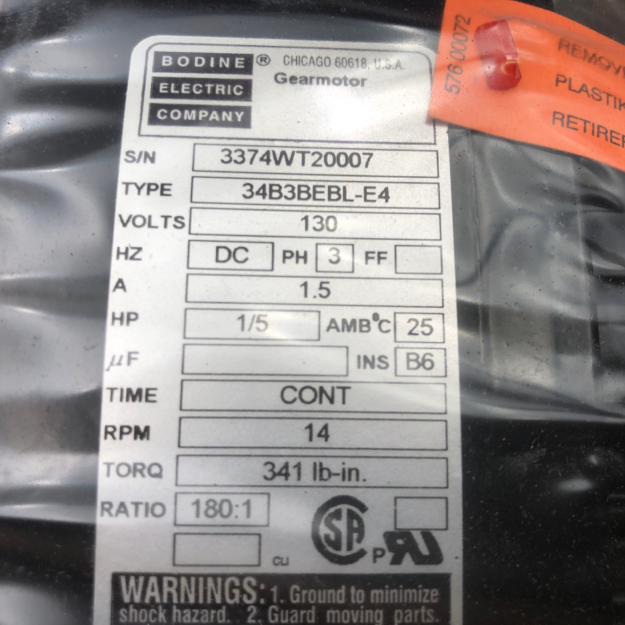 BODINE 3574 Brushless DC Gearmotor 1/5Hp 24Vdc 9.6Amp 14Rpm 34B3BEBL-E4 NEW