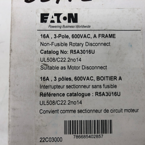 EATON R5A3016U ROTARY DISCONNECT 16A 3 POLE 600VAC A FRAME NON-FUSIBLE- NEW