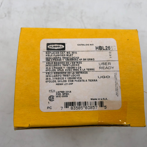 HUBBELL HBL2515 (TWIST-LOCKING FLANGED INLET 20A 3P 120/208V) NEW