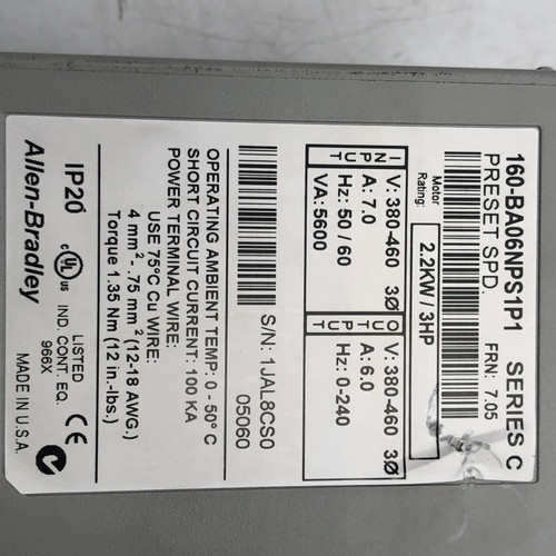 ALLEN BRADLEY 160-BA06NPS1P1 SER C 380-460V 6A 0-240 Hz PRESET SPEED DRIVE -READ