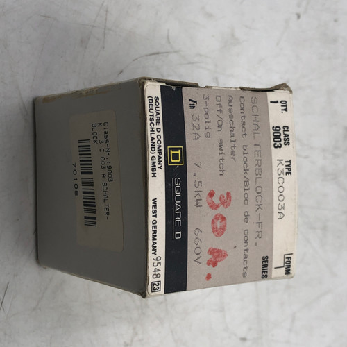 SQUARE D 9003-K3C003A 32A 7.5kW 660V CONTACT BLOCK ON/OFF SWITCH - NEW