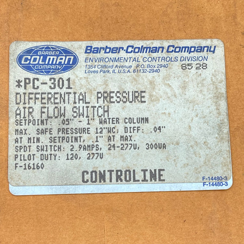 BARBER COLMAN PC-301 DIFFERENTIAL PRESSURE AIRFLOW SWITCH - NEW