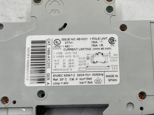 Allen Bradley 1489-A1C015 Circuit Breaker 1-Pole 1.5A 120/240V 10kA New QTY 5