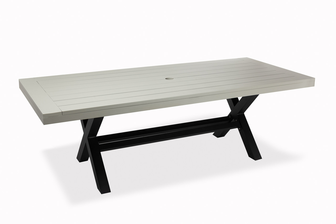 Lakeside 90 Aluminum Dining Table W Trestle Base Grey W Black Base Garden Cottage