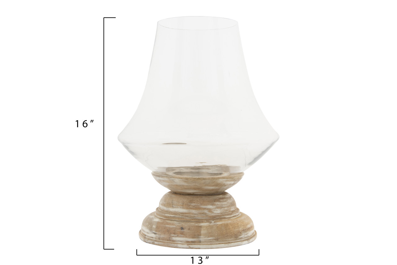16"H HandBlown Glass & Mango Wood Hurricane, Whitewashed Garden Cottage