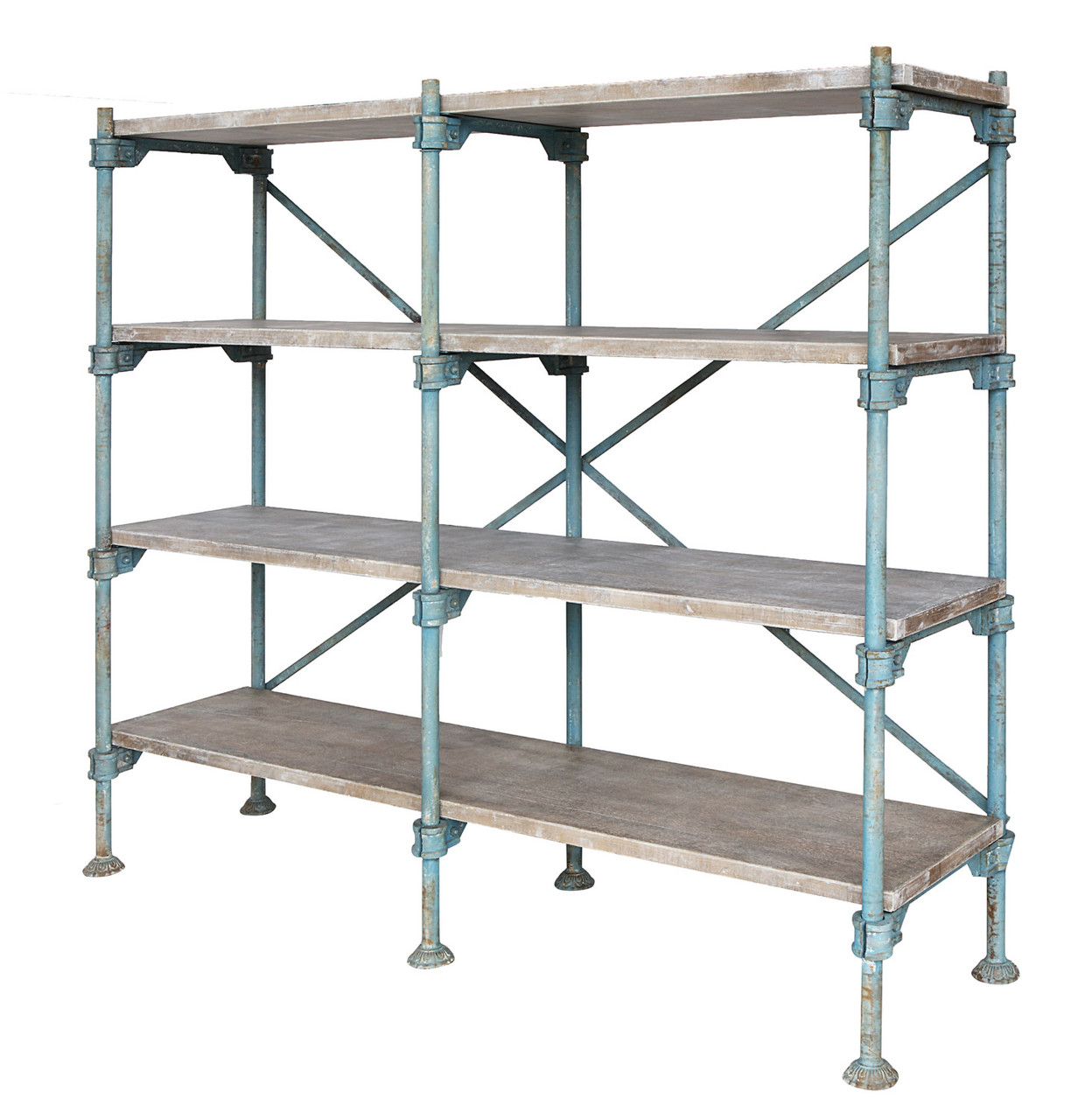 Wood & Metal Vintage Reproduction 4-Tier Shelf, Distressed Blue