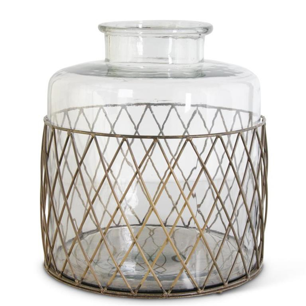 14 Inch Clear Glass Container in Gold Wire Basket - Garden Cottage