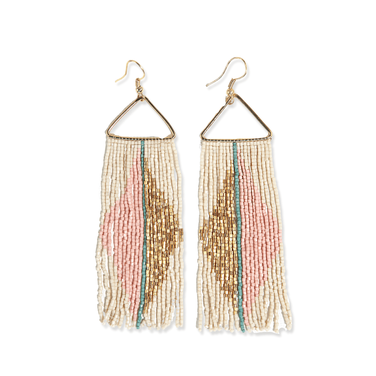 Sachi Beaded Safari Earrings - Open Triangle and Bead Fringe - Anju Jewelry