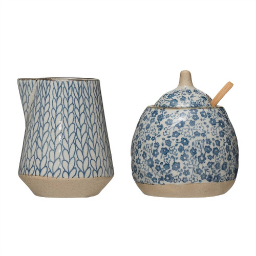 Hand-Painted Stoneware Sugar Pot w/ Lid & Wood Spoon & 8 oz. Creamer, Blue & White Hand-Painted Stoneware Sugar Pot w/ Lid & Wood Spoon & 8 oz. Creamer, Blue & White