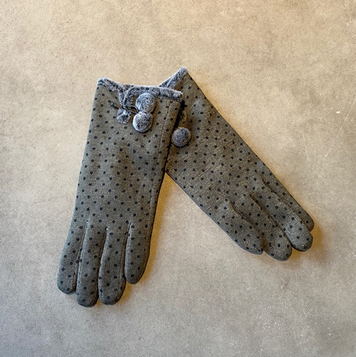 Polka dot glove w/ faux fur & pom pom, Grey