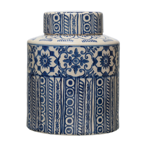 Decorative Stoneware Ginger Jar w/ Pattern, Blue & Cream Color