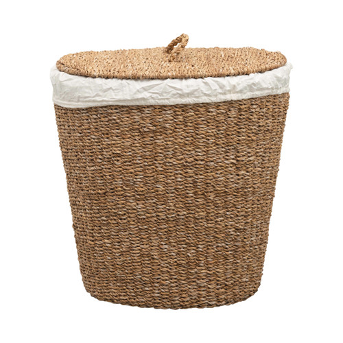 Hand-Woven Grass Oval Laundry Basket w/ White Cotton Lining, Natural