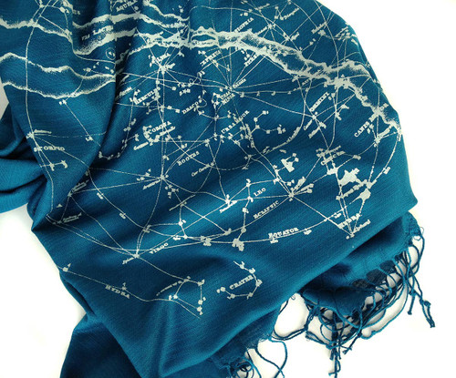 Milky Way Star Chart Scarf. Linen-Weave Pashmina. Ice on Teal