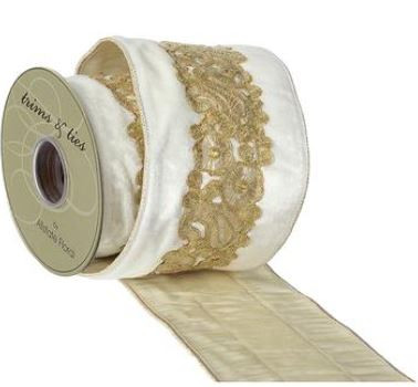 4"Wx5yd Sequin Cutwork Velvet Ribbon, Gold/Cream