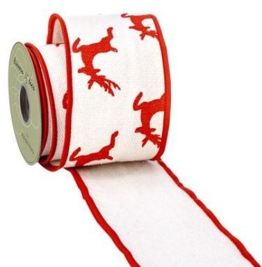 4"Wx5yd Deer Print Dupion Ribbon, White/Red