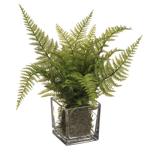 8" Leather Fern in Glass Vase,  Green