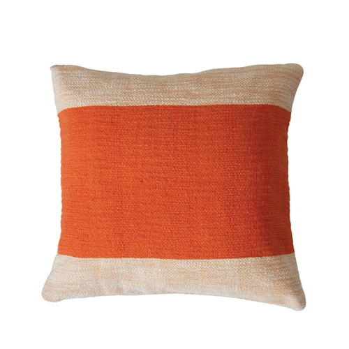 18" Woven Cotton Pillow with Stripe, Cream & Orange
