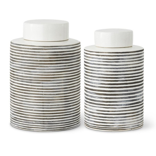 White Crackle with Gray Striped Lidded Ceramic Canister