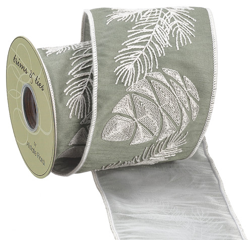4"Wx5yd Pine Cone Embroidered Ribbon, Green/White 